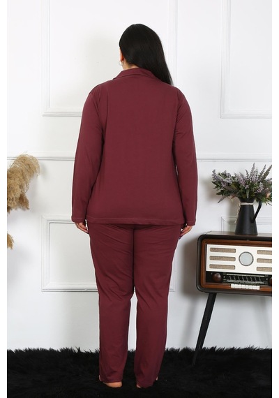 Akbeniz Kadın Büyük Beden Pamuklu Cepli Düğmeli Mürdüm Pijama Takım 202401-mürdüm Mürdüm
