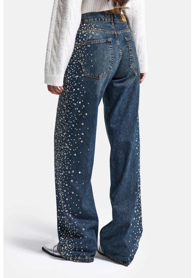 Kadın T-2w6-8 Loose Fit Parlak Taş Özel Tasarım Denim Jean Mavi