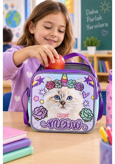 Pretty Cat Sevimli Kedi Beslenme Çantası Çocuk Okul Yemek Çantası Günlük Kullanım 21x21x10 Cm Çok Renkli