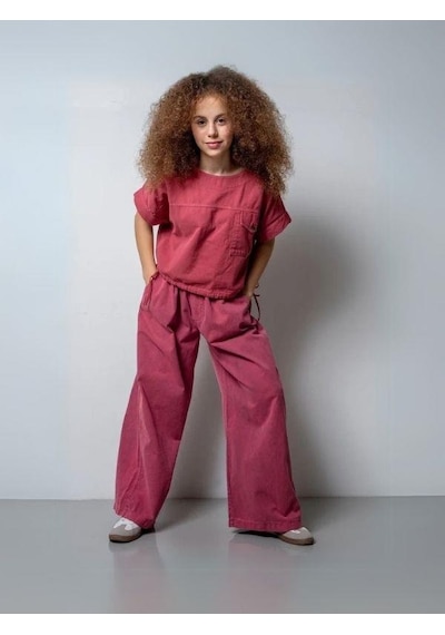 Zekids Kız Çocuk Kemerli Geniş Paça Gabardin Pantolon-15802 Pembe