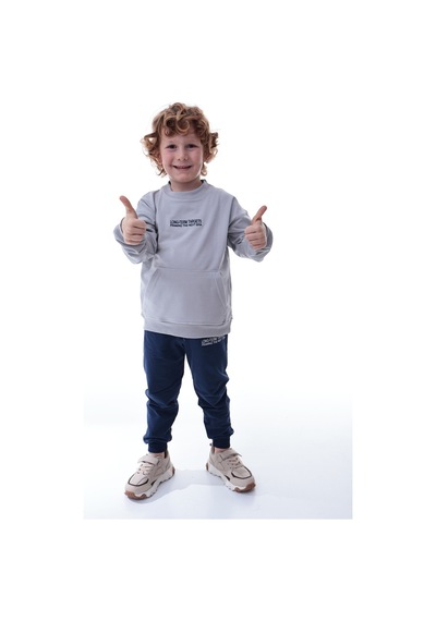 Erkek Çocuk Polar Eşofman Takımı Yumuşak Kumaş Kapüşonlu Sweat & Rahat Jogger Alt Gri