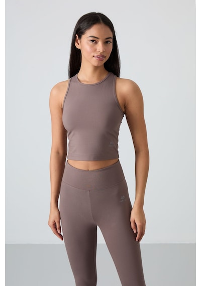 Tommylife Kahverengi Yüksek Bel Kapri-crop Atlet Slim Fit Kadın Tayt Takım - 95284