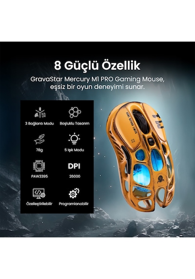 Gravastar Mercury M1 Pro 26.000 Dpı Optik Gaming Mouse, Kablosuz, Battle-worn Yellow