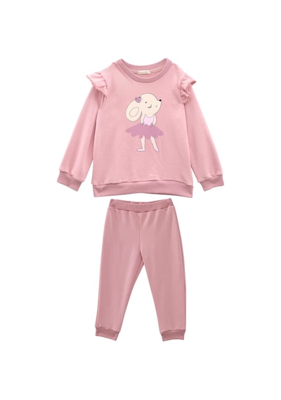 Mininio Kız Bebek Baskılı Kolları Fırfır Detaylı Eşofman Takımı - Pembe Pembe