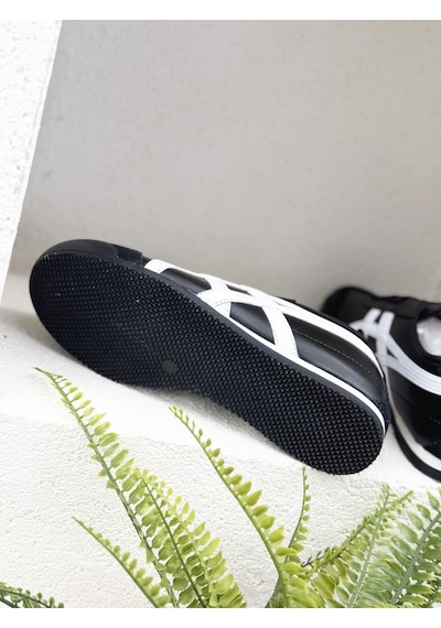 Tayger E E-3226 Hakiki Deri Düz Taban Sneaker Spor Ayakkabı Unısex Siyah Beyaz