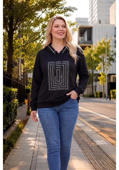 Aytemas Önü Ve Kapüşonu Taşlı Sweatshirt Siyah