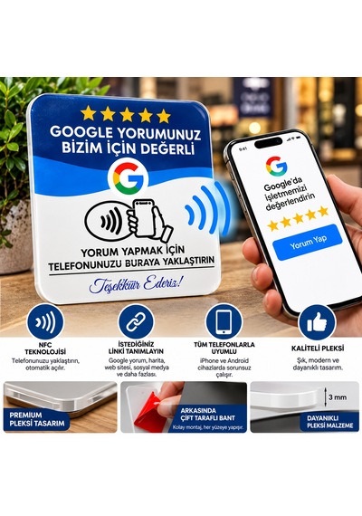 Nfc Google Yorum Ve Sosyal Medya Link Kartı Çift Taraflı Bantlı Pleksi Temassız Yorum Kartı