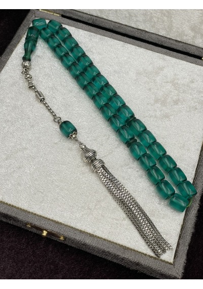 Alpaka Zincir Püsküllü Blok Kesim Zümrüt Yeşili Ateş Kehribar Tesbih 9x10 Mm Yeşil