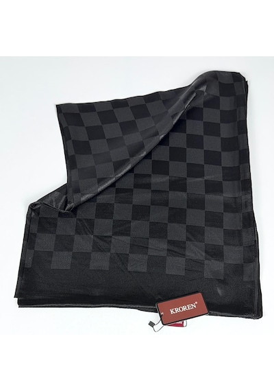 Kroren Krep Jakarlı Dama Desen Şal - 70 X 190 - 7379 Siyah