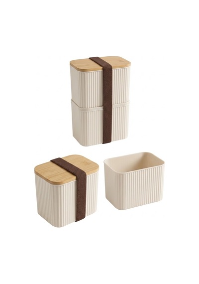 Makri Home Bambu Kapaklı 2 Katlı Saklama Kabı Seti - 2x1 Litre Krem