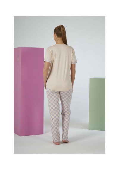 Estiva Kadın Kareli Alt Desenli Kısa Kollu Soft Pijama Takımı Bej
