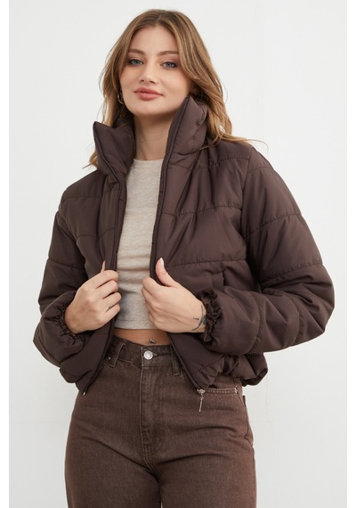 Fullamoda Beli Lastikli Crop Şişme Mont Kahve