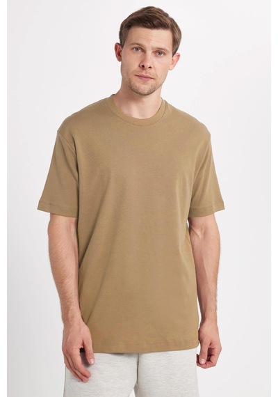 Tudors Unisex Relax Fit Rahat Kesim %100 Pamuk Yumuşak Dokulu Hafif Kalın Bej Bisiklet Yaka Tişört-35591 Bej