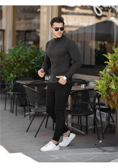 Füme Erkek Slim Fit Yarım Balıkçı Fitilli Triko Kazak-trz19158r02s Füme