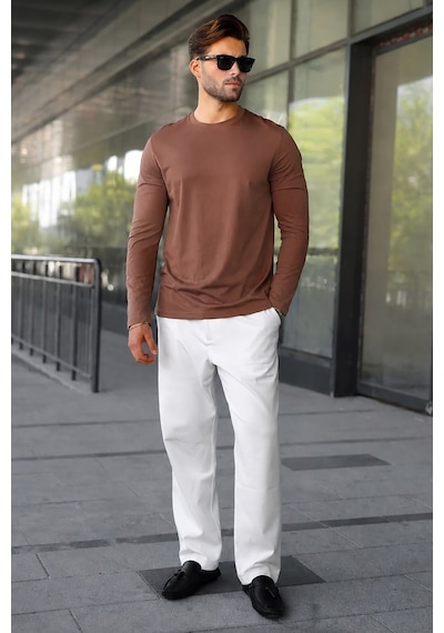 Madmext Kahverengi Pamuklu Slim Fit Erkek Tişört E7187