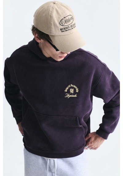 Vamos Boxy Fit Yazılı Kapüşonlu Sweatshirt Mürdüm