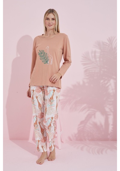 Siyah İnci Pamuklu Örme Pijama Takım 24240189 Pudra