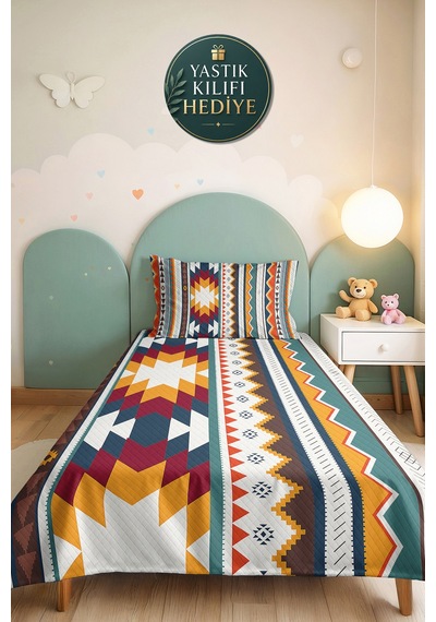 Etnik Geometrik Turkuaz Genç Odası Tek Kişilik Pike Takımı - Bohem Hardal 160x220 Cm Yatak Örtüsü Mercansı Ot Aurası