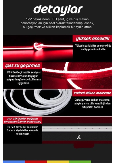 24v Dış Mekan M/60 2835 Kırmızı Led Şerit 5 Metre, Kesilebilir Ve Eklenebilir
