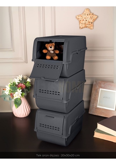 3'lü Set Organizer Erzak Kutusu Bpa Free Saklama Kutusu Soğanlık Sebzelik Sepet Antrasit 8 Lt X 3 Antrasit