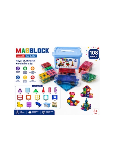 108 Parça Manyetik Yapı Blokları - Tamamı Mıknatıslı - Çocuklar İçineğitici Oyun Seti. 5 Yıl Garanti