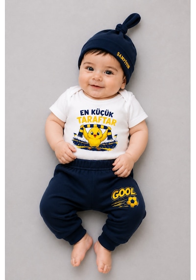 Babyden's %100 Pamuk Sarı Lacivert En Küçük Taraftar Bebek Takımı 3'lü Kısa Kol Body,pantolon Ve Şapkalı Yenidoğan Seti 0-9 Ay Beyaz - Lacivert