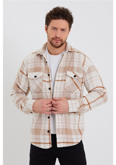 Erkek Kırık Beyaz-turuncu Çift Cep Kapaklı Slim Fit Oduncu Gömlek-odg001r9500s Kırık Beyaz-turuncu