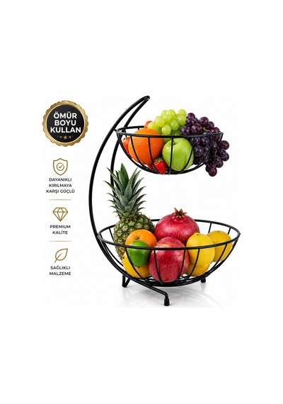 2 Katlı Metal Meyve Sepeti Siyah Geniş Hacimli Meyvelik Sebzelik Sunum Standı Modern Tezgah Üstü Organizer 25/28 Cm Çap 23 Cm Yükseklik Diğer