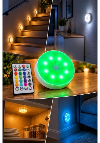 1 Adet Rgb Led Lamba Yapışkanlı Mıknatıslı Şarj Edilebilir Kumandalı Yuvarlak Renk Değiştiren Led Çok Renkli