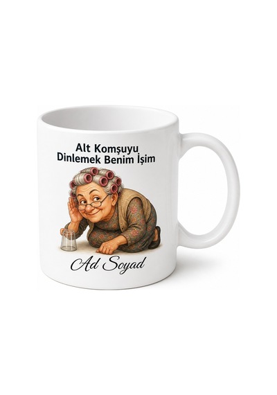 Alt Komşudan Gelen Sesleri Dinleyen Meraklı Teyze Kupası Hediye Bardak Beyaz / Çok Renkli