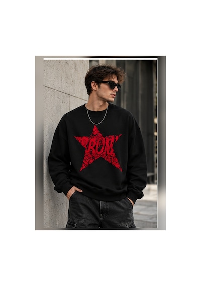Velora Grup Unisex Yıldız Desenli Oversize Bisiklet Yaka Triko Şık Kazak Siyah - 938183299 Siyah