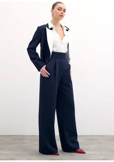 Sateen Bel Detaylı Cepli Pantolon - Lacivert-133701 Lacivert