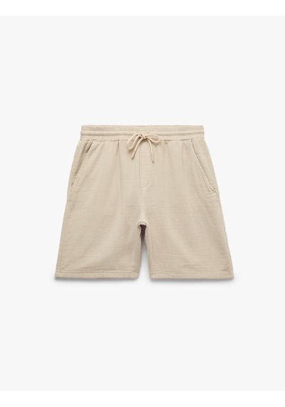 Koton Beli Bağcıklı Cepli Regular Fit Pamuklu Müslin Bermuda Şort Bej 7wam40043hw Ekru