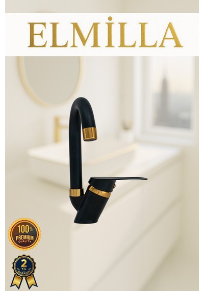 Siyah Gold Banyo Lavabo Musluğu Bataryası Çeşmesi Baston Borulu Lüx Tasarım Çif Su Giriş