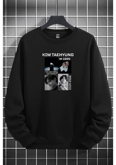 Macklin Unisex Kadın Erkek Kim Taehyung Bts Baskılı Sıfır Yaka Siyah Sweatshirt Siyah Mck1946 Siyah