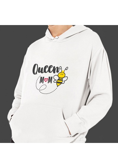 Anneler Günü Queen Mom Baskılı Cepli, Kapşonlu Beyaz Unisex Sw Beyaz