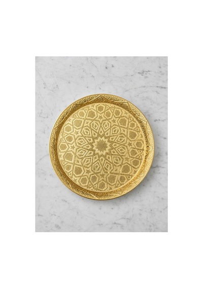 Selçuklu Motifi Zamak Metal Yuvarlak Lüks Servis-tepsisi - 35 Cm gold