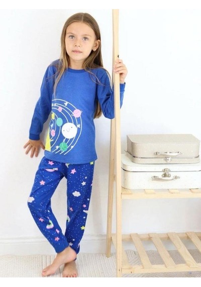 Kız Çocuk Pamuklu Gezegen Baskılı Pijama-15272 Lacivert