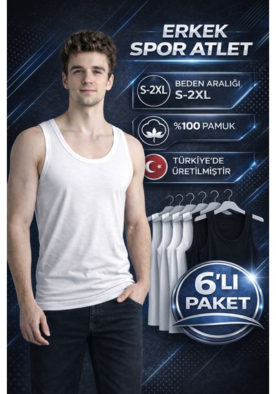 Mercan 6'lı Spor Kesim Atlet - Sportif Ve Konfor, 3 Siyah - 3 Beyaz Çok Renkli