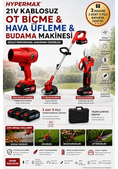 3 Lü Şarjlı Bahçe Seti Çim Biçme Makinesi Dal Budama Makası Ve Hava Yaprak Üfleyici 3 Bataryalı