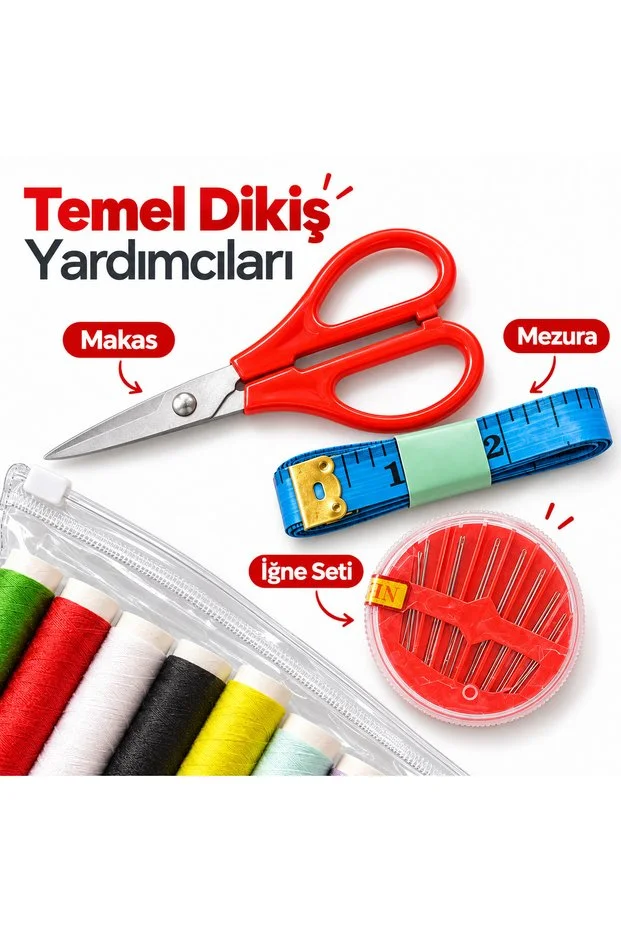 Şeffaf Fermuarlı Dikiş Seti 10 Renk İplik İğne Makas Mezura Seyahat Seti