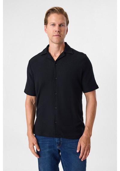 Backandbond Küba Yaka Relaxed Fit Küba Yaka Örme Gömlek Siyah