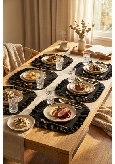 Pamuklu Fırfırlı Kare Supla 6'lı Set Amerikan Servis 33 Cm Supla Siyah