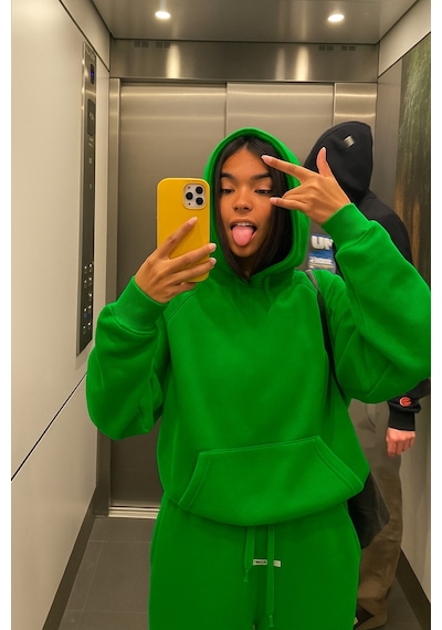 Benroma 3 İplik Penye Kapüşonlu Oversize Sweat Yeşil