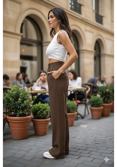 Unika Boutique Siyah Likralı Plazzo Kumaş Pantolon Cırt Kapamalı Rahat Kesim Kahverengi