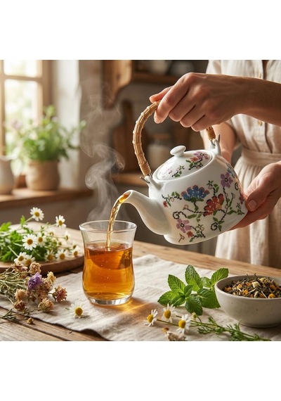 Porselen Çini Piraye Demlik - Bambu/hasır Saplı, Ateşe Dayanıklı Nostaljik Bitki Çayı Ve Çay Demliği 900 Ml - 2 Farklı Desen Seçeneği Pıraye Çok Renkli