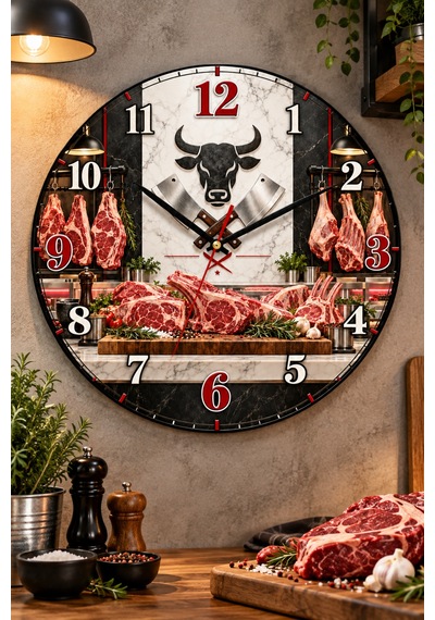 Kasap Temalı Duvar Saati 45 Cm Et Kasap Dükkanı Steakhouse Restoran Uv Baskı Sessiz Akar Mekanizma 950 Çok Renkli