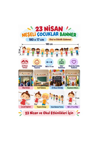 23 Nisan Neşeli Çocuklar Dekoratif Banner Okul Süsü 180x17 Cm Hoş Geldiniz Etkinlik Dekoru Diğer