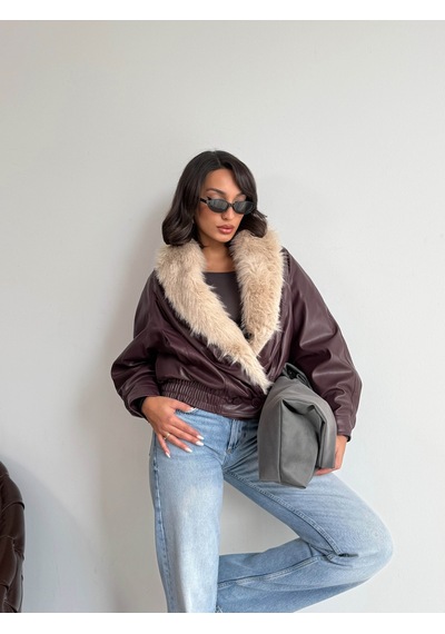 Verymoda Yakası Kürklü Kruvaze Deri Mont F2050 Bordo
