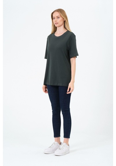 Kadın Bisiklet Yaka Kısa Kollu Basic T-shirt - İnterlok Kumaş Kahverengi
